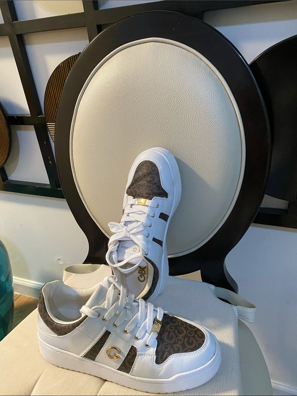 Guess White and Brown Logo Accent Women's Sneakers